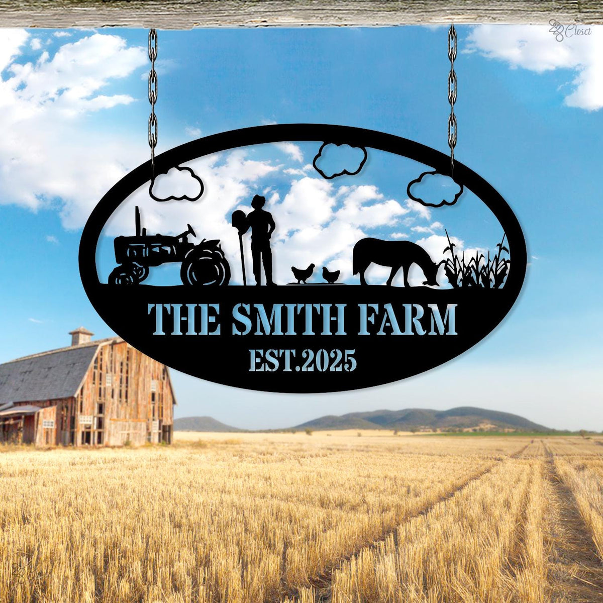 Custom Farm Metal Sign – Personalized Ranch Name Sign with Animals, Barn, Tractor Design Farmhouse Name Sign – Outdoor Decor Ranch Sign
