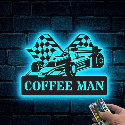 Checkered Flag Racing Metal Wall Art LED Lights, Racing Car Metal sign,Garage Decor Gift for him Man Cave Decor Father's Day gift,Xmas Gift