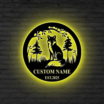 Custom Fox Metal Wall Art LED Light Personalized Fox Lover Name Sign Home Decor Kid Nursery Decoration Wild Animal Birthday Gift for him