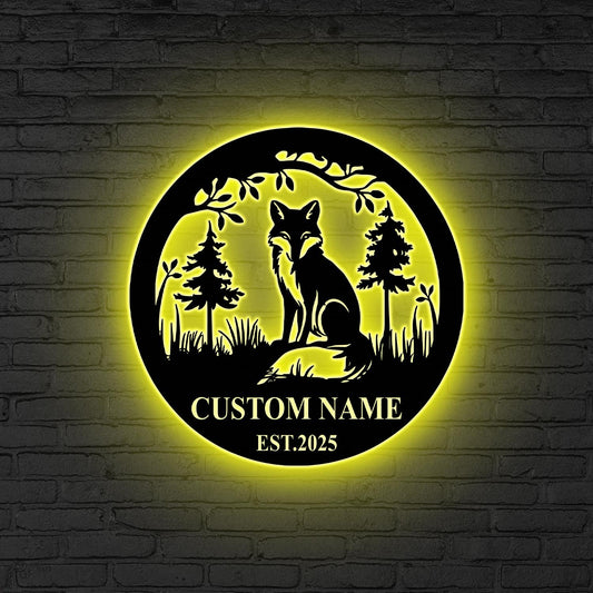Custom Fox Metal Wall Art LED Light Personalized Fox Lover Name Sign Home Decor Kid Nursery Decoration Wild Animal Birthday Gift for him