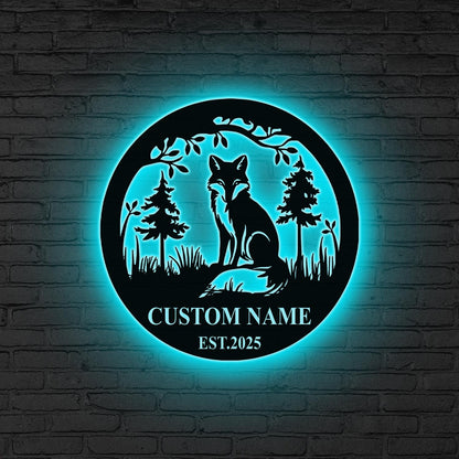 Custom Fox Metal Wall Art LED Light Personalized Fox Lover Name Sign Home Decor Kid Nursery Decoration Wild Animal Birthday Gift for him