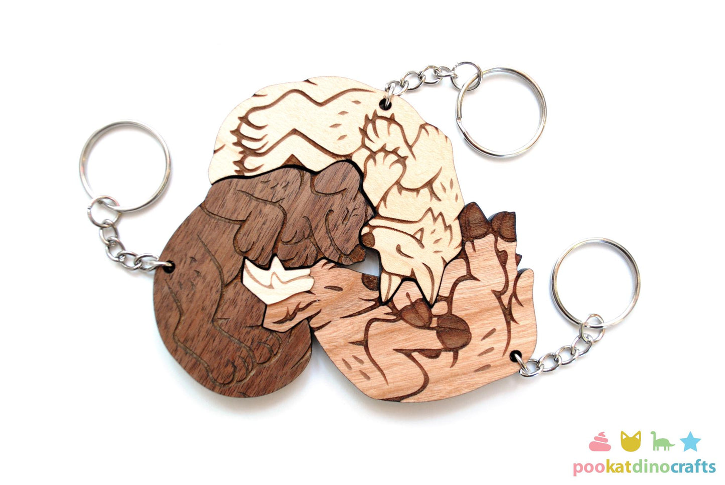 Interlocking Wolf, Dog, and Deer heart Keychains - Family, Friendship, Poly Relationship couple keychain set