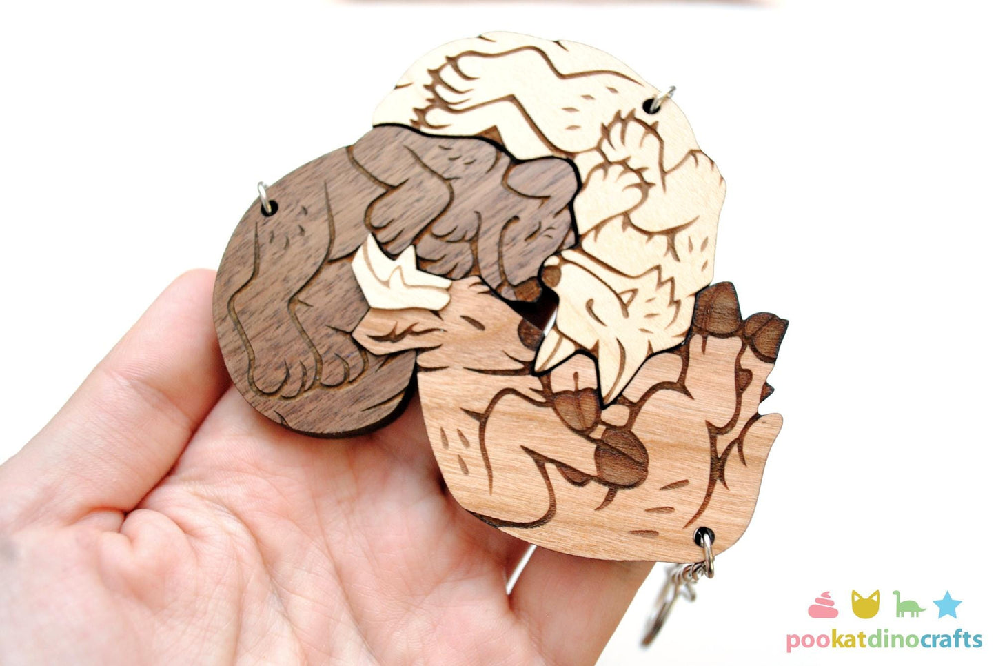 Interlocking Wolf, Dog, and Deer heart Keychains - Family, Friendship, Poly Relationship couple keychain set