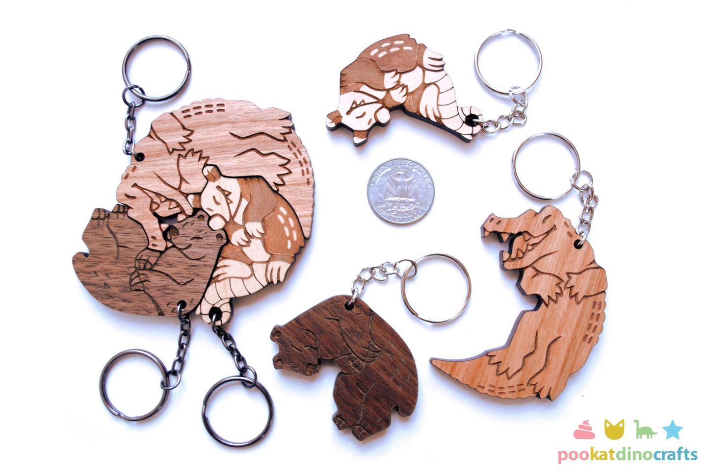 Interlocking Gator Bear and Possum keychain set - Family, Friendship, Poly Relationship couple keychains