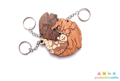 Interlocking Gator Bear and Possum keychain set - Family, Friendship, Poly Relationship couple keychains
