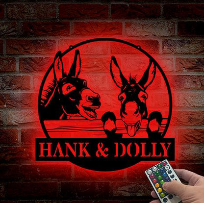 Custom Funny Two Donkey Metal Wall Art LED Light Personalized Donkey Barn Name Sign Home Decor Donkey Barn Decor Farmhouse Decor Farm Sign