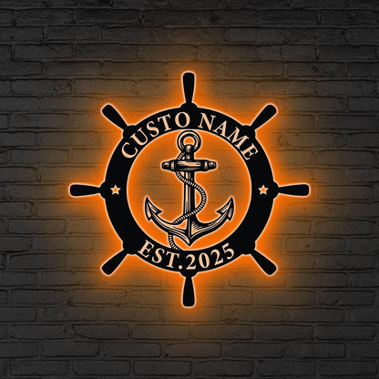 Custom Ship Wheel And Anchor Metal Wall Art LED Light Personalized Nautical Family Name Sign Home Decor Housewarming Gift Wedding Gift