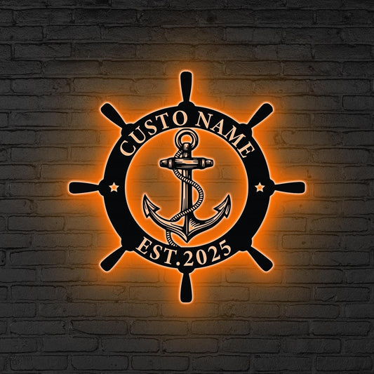 Custom Ship Wheel And Anchor Metal Wall Art LED Light Personalized Nautical Family Name Sign Home Decor Housewarming Gift Wedding Gift