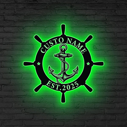 Custom Ship Wheel And Anchor Metal Wall Art LED Light Personalized Nautical Family Name Sign Home Decor Housewarming Gift Wedding Gift