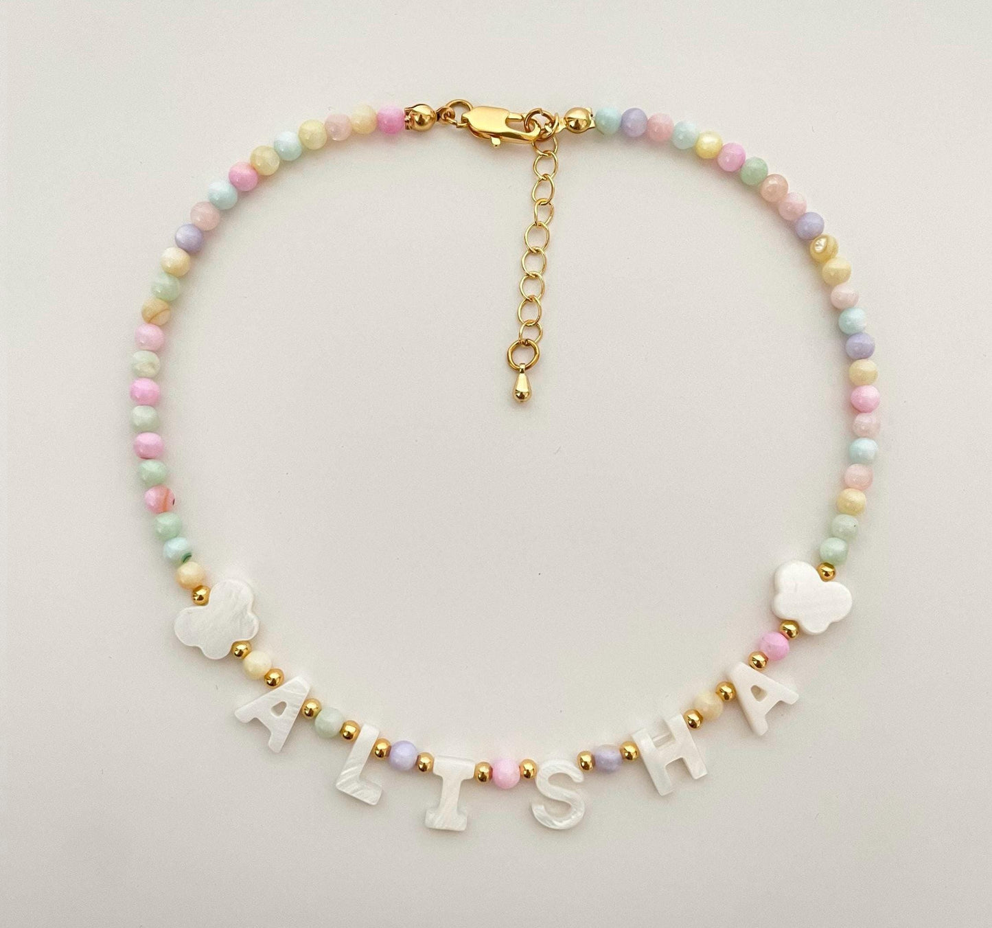 Colorful Custom name necklace, mother of Pearl letter name necklace, kids bright beaded necklace, gift idea for toddlers, kids birthday gift