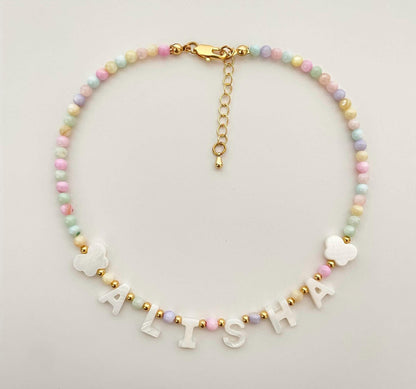 Colorful Custom name necklace, mother of Pearl letter name necklace, kids bright beaded necklace, gift idea for toddlers, kids birthday gift