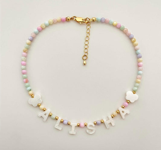 Colorful Custom name necklace, mother of Pearl letter name necklace, kids bright beaded necklace, gift idea for toddlers, kids birthday gift