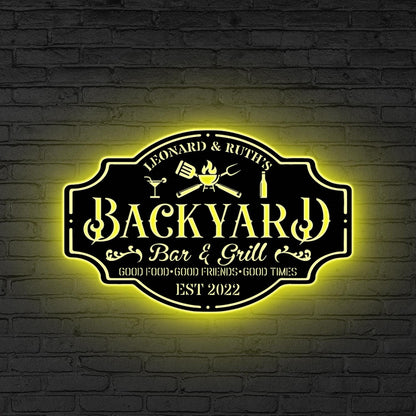 Personalized Metal Patio Sign LED, Custom Metal Backyard Sign Outdoor Decor, Smokehouse Decor Bar & Grill Sign,Poolside Sign, Backyard Decor