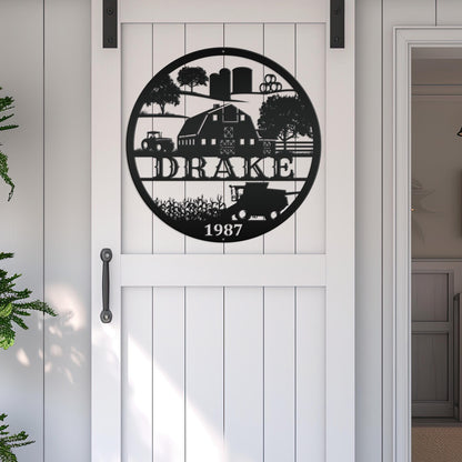 Custom Farm Sign With Combine and Tractor