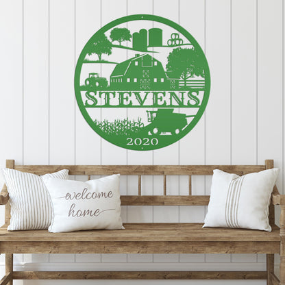 Custom Farm Sign With Combine and Tractor