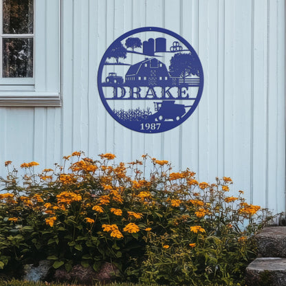 Custom Farm Sign With Combine and Tractor