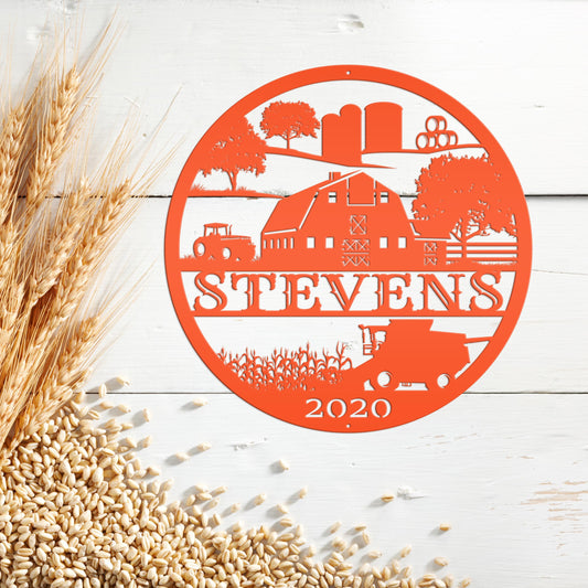 Custom Farm Sign With Combine and Tractor