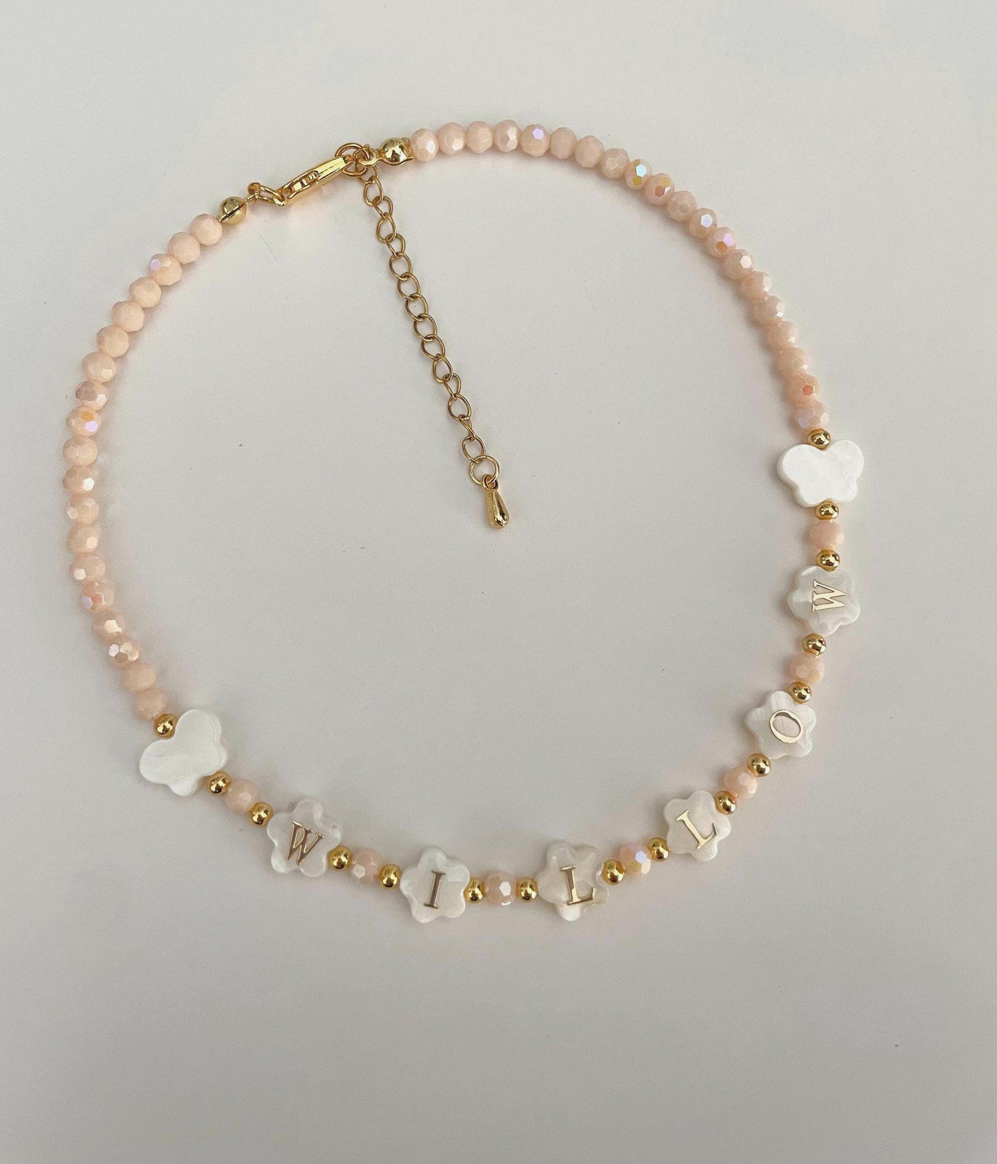 kids FLOWER shaped name necklace, mother of Pearl letter name necklace, kids bright beaded necklace, birthday gift ideas for toddlers