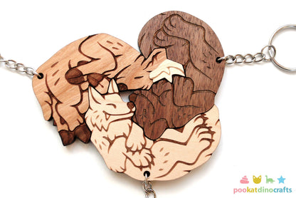Interlocking Wolf, Dog, and Deer heart Keychains - Family, Friendship, Poly Relationship couple keychain set
