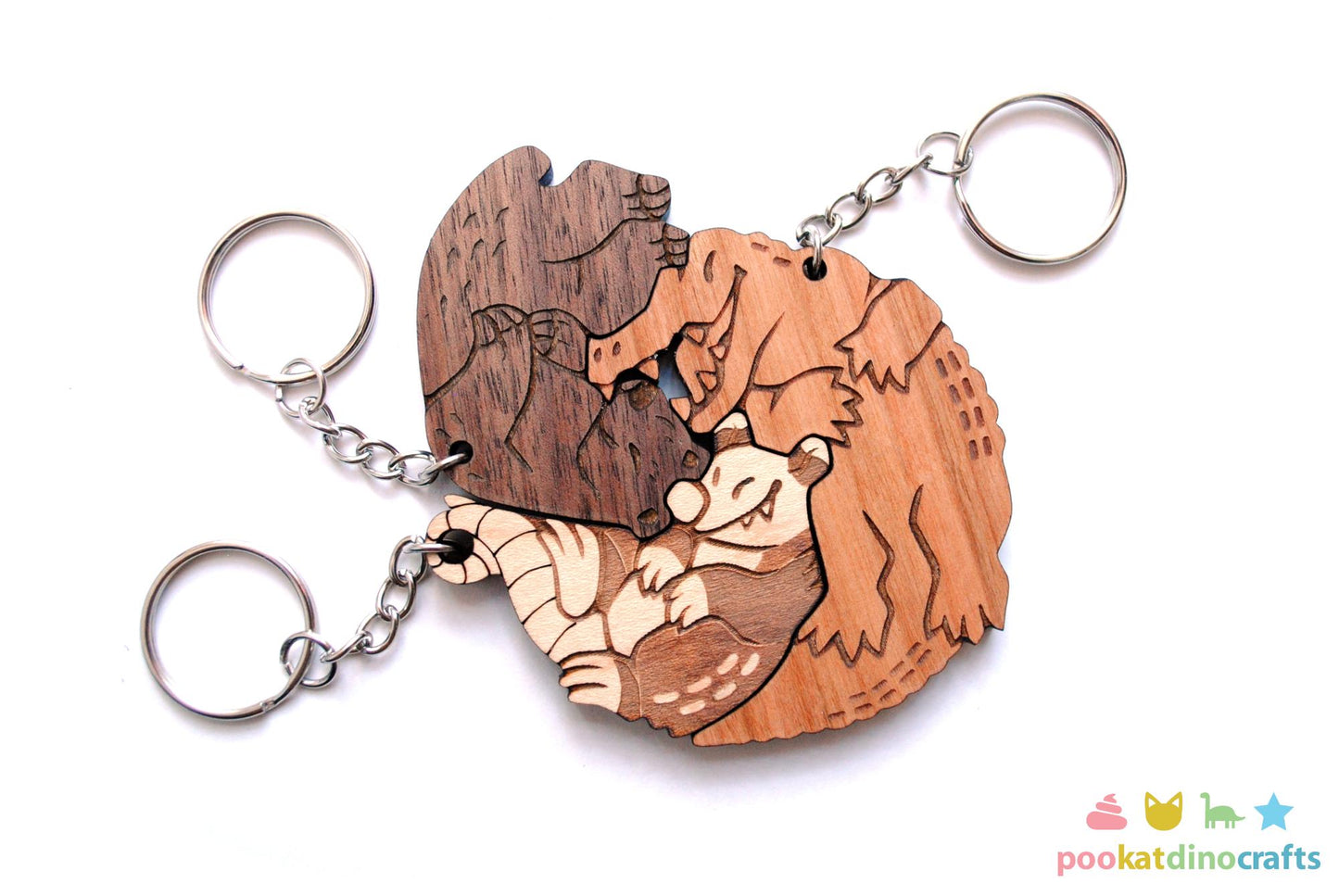 Interlocking Gator Bear and Possum keychain set - Family, Friendship, Poly Relationship couple keychains