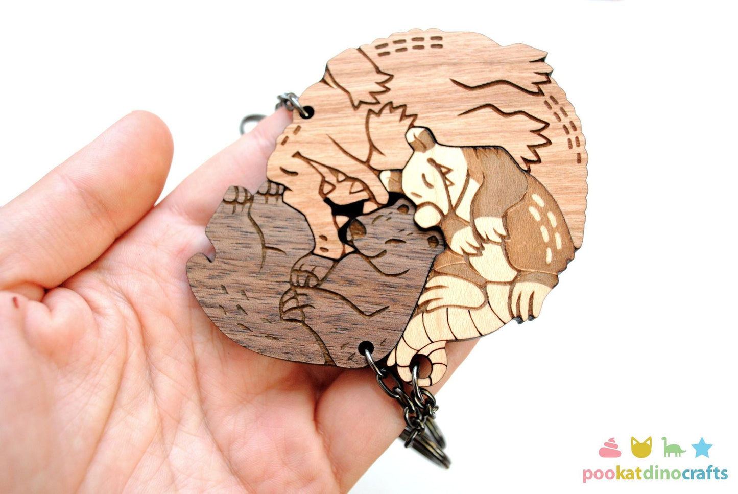 Interlocking Gator Bear and Possum keychain set - Family, Friendship, Poly Relationship couple keychains