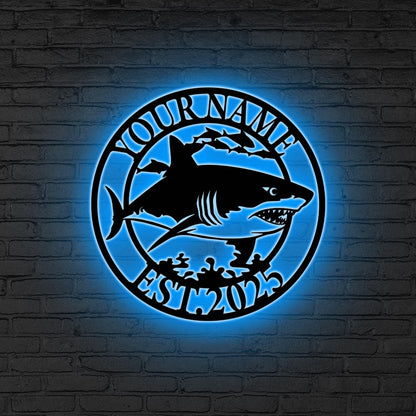 Personalized Great White Shark Metal Wall Art LED Light Personalized Shark Lover Name Sign Beach House Decor Boy Nursery Decoration Xmas