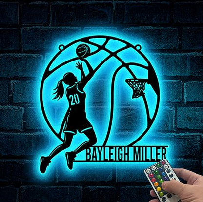 Custom Female Basketball Metal Wall Art LED Personalized Girl Basketball Player Sign Home Decor Girl Nursery Decor Birthday Gift for her