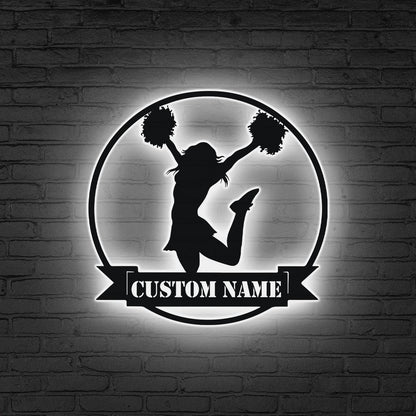 Custom Girl Cheerleading Metal Wall Art LED Light Personalized Female Cheerleader Name Sign Decor Kid Nursery Decor Cheerleader Team Gift