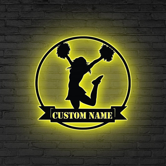 Custom Girl Cheerleading Metal Wall Art LED Light Personalized Female Cheerleader Name Sign Decor Kid Nursery Decor Cheerleader Team Gift