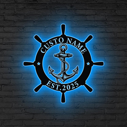 Custom Ship Wheel And Anchor Metal Wall Art LED Light Personalized Nautical Family Name Sign Home Decor Housewarming Gift Wedding Gift