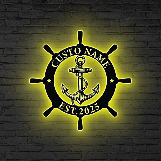Custom Ship Wheel And Anchor Metal Wall Art LED Light Personalized Nautical Family Name Sign Home Decor Housewarming Gift Wedding Gift