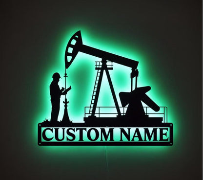 Custom Oil Field Hanger Metal Wall Art LED Light Personalized Oil Rig Derrickhand Name Sign Home Decor Derrickman Decor Birthday Gift
