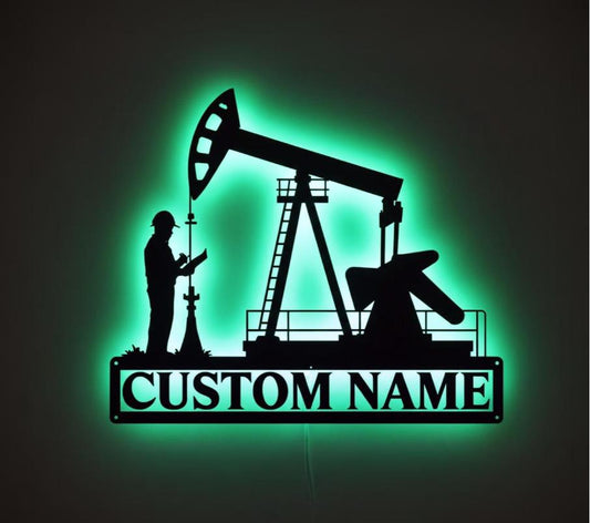Custom Oil Field Hanger Metal Wall Art LED Light Personalized Oil Rig Derrickhand Name Sign Home Decor Derrickman Decor Birthday Gift