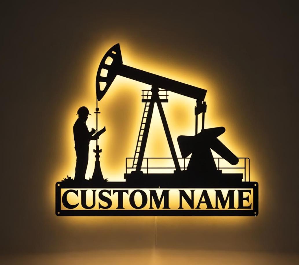 Custom Oil Field Hanger Metal Wall Art LED Light Personalized Oil Rig Derrickhand Name Sign Home Decor Derrickman Decor Birthday Gift