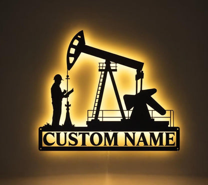 Custom Oil Field Hanger Metal Wall Art LED Light Personalized Oil Rig Derrickhand Name Sign Home Decor Derrickman Decor Birthday Gift