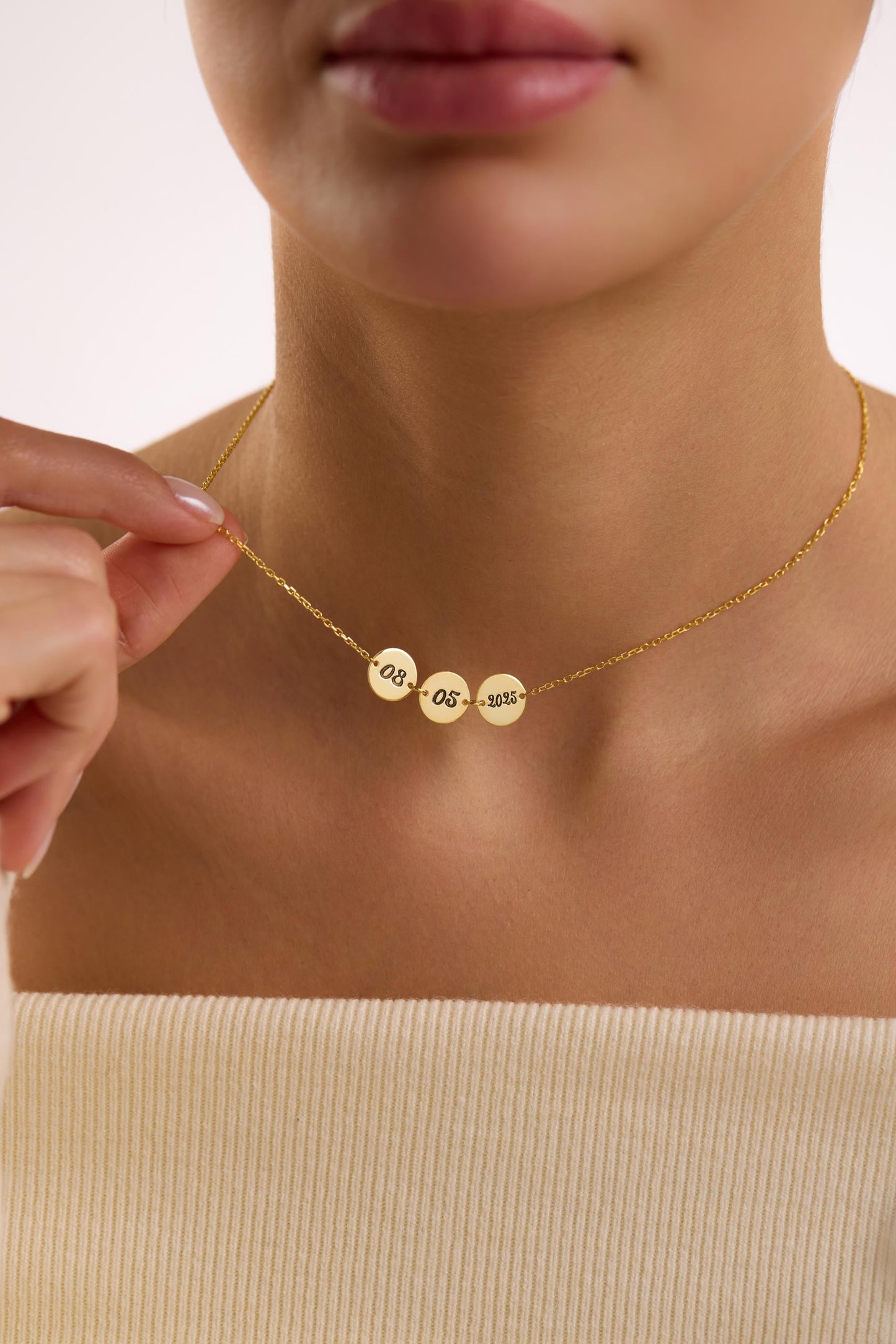 Personalized Gold Necklace with Custom Date, Minimalist Gold Date Necklace, Engraved Gold Disc Pendant, Gift For Anniversary Wife