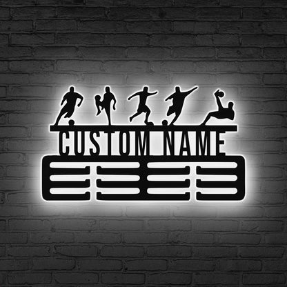 Custom Soccer Medal Holder Soccer Medal Hanger LED Lights, Soccer Player Gift 12 Rungs for Medal & Ribbon, Soccer Medal Display Gift for him