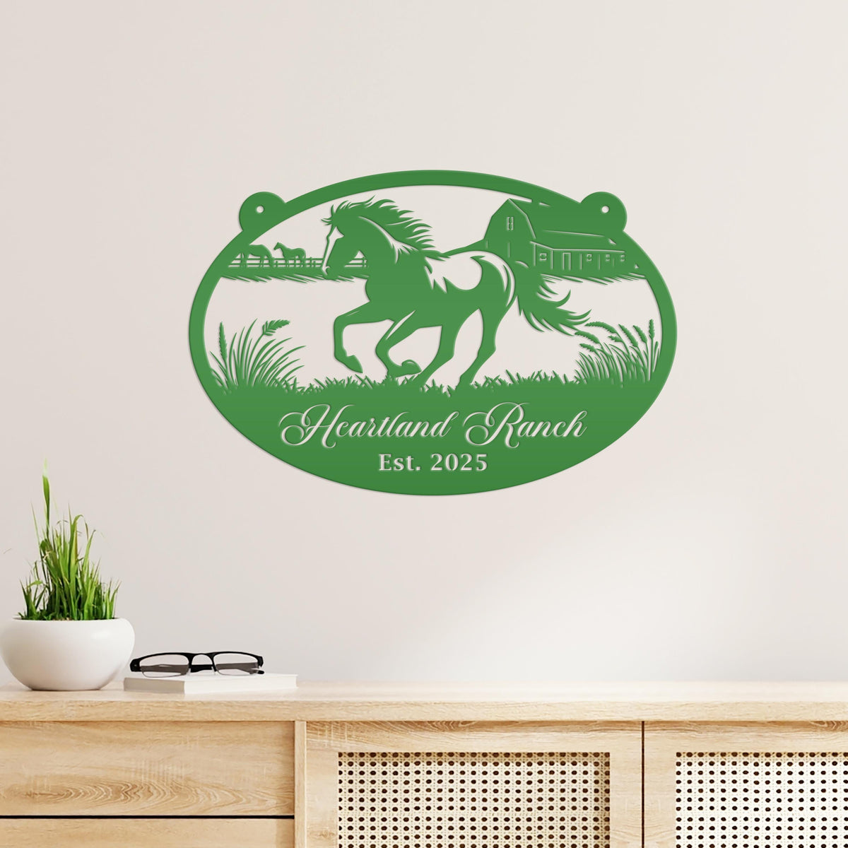 Horse Ranch Metal Sign - Personalized Farmhouse Décor - Charming Western Horse Art - Custom Wall Hanging - Outdoor Horse Farm Name Signs