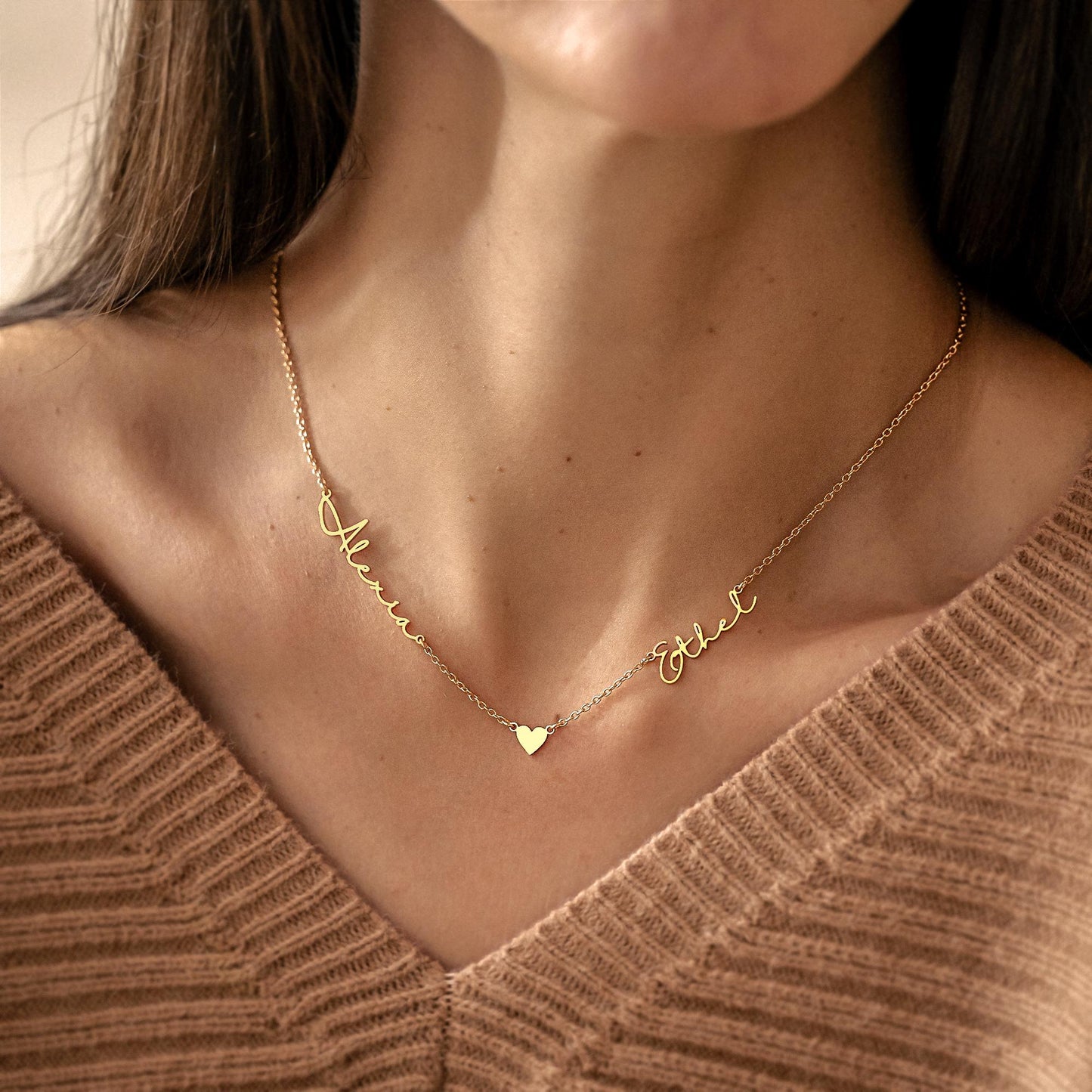 Personalzied Two Names Necklace, Couple Name Necklace with Heart, Valentine's Day Gift for Wife, Custom Name Jewelry, Handmade Gift for Mom