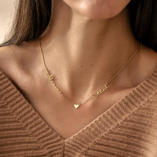 Personalzied Two Names Necklace, Couple Name Necklace with Heart, Valentine's Day Gift for Wife, Custom Name Jewelry, Handmade Gift for Mom