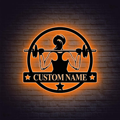 Personalized Female Metal Gym Sign LED Lights, Home Gym Decor, Fitness Wall Art, Metal Sign for Home Gyms, Metal Gym Sign