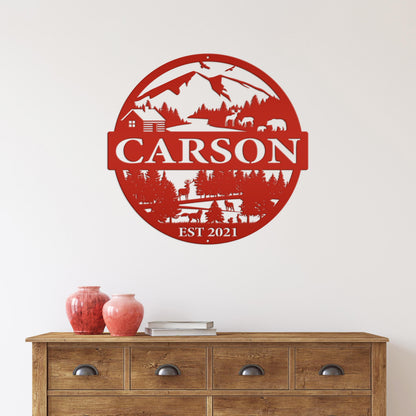 Personalized Mountain Scene Metal Sign - Custom sign with Deer
