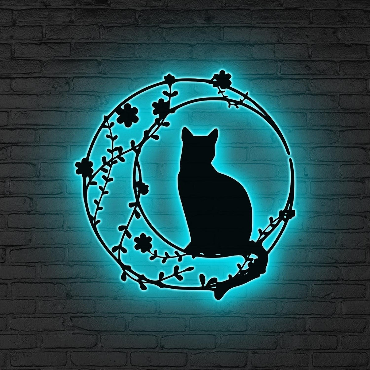 Cat On The Moon Sign Metal Wall Art With LED Light, Floral Moon Cat Decor Cat Lover Gift