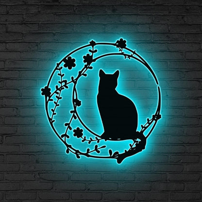 Cat On The Moon Sign Metal Wall Art With LED Light, Floral Moon Cat Decor Cat Lover Gift