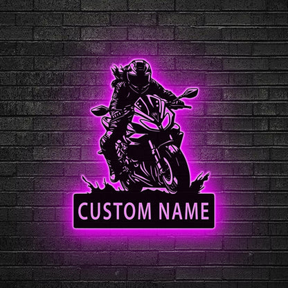 Custom Motocross Biker Metal Wall Art LED Lights Personalized Biker Name Sign