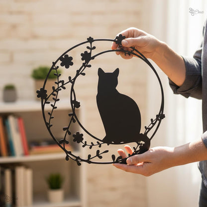 Cat On The Moon Sign Metal Wall Art With LED Light, Floral Moon Cat Decor Cat Lover Gift
