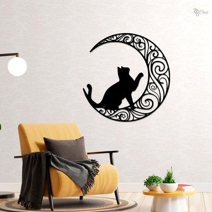Cat On The Moon Sign Metal Wall Art With LED Light, Floral Moon Cat Decor Cat Lover Gift