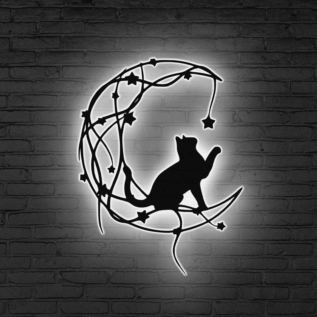 Cat On The Moon Sign Metal Wall Art With LED Light, Floral Moon Cat Decor Cat Lover Gift