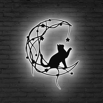 Cat On The Moon Sign Metal Wall Art With LED Light, Floral Moon Cat Decor Cat Lover Gift