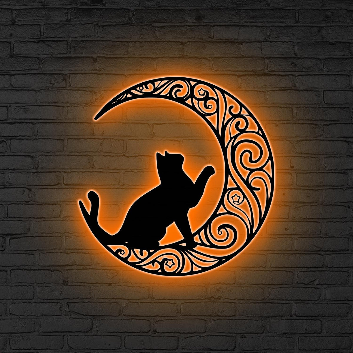 Cat On The Moon Sign Metal Wall Art With LED Light, Floral Moon Cat Decor Cat Lover Gift